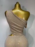 Women Sexy One Shoulder Exposed Waist Diamonds Bodycon Long Dress Cut Out Luxury Crystal Dresses Evening Party Birthday Gowns