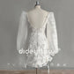 Long Puff Sleeves Short Wedding Dress Flowers Sheath Backless Square Neck Above Knee Mini Bridal Gown