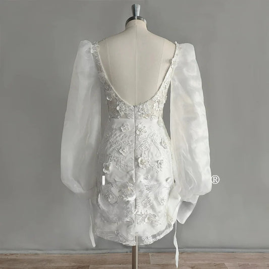 Robe de mariée courte à manches longues bouffantes, fourreau à fleurs, dos nu, col carré, au-dessus du genou, Mini robe de mariée 