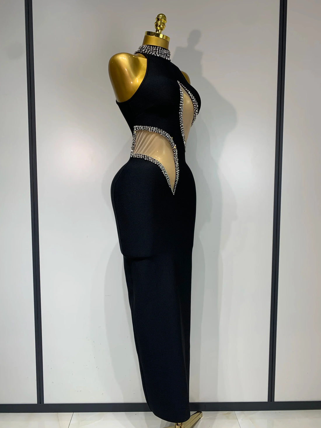 Women Sexy Rhinestone Black Sleeveless Mesh Patchwork Stretch Bodycon Bandage Party Dresses Elegant Birthday Dress black