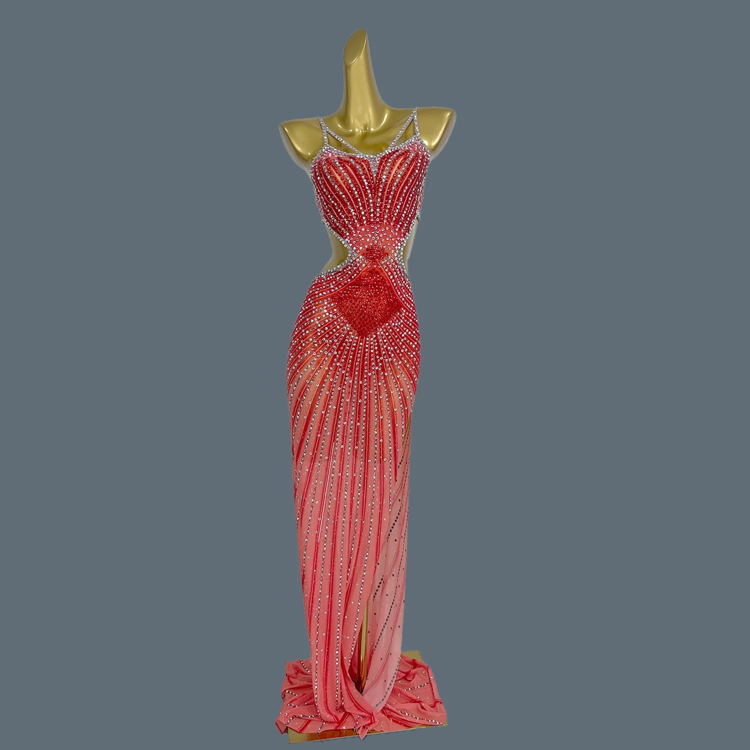 Elegant Crystal Party Evening Gown Cocktail Long Dress Dinner Gown Women Costume Sexy Sparkly Rhinestone Club Party Dress Xigua Red One Size
