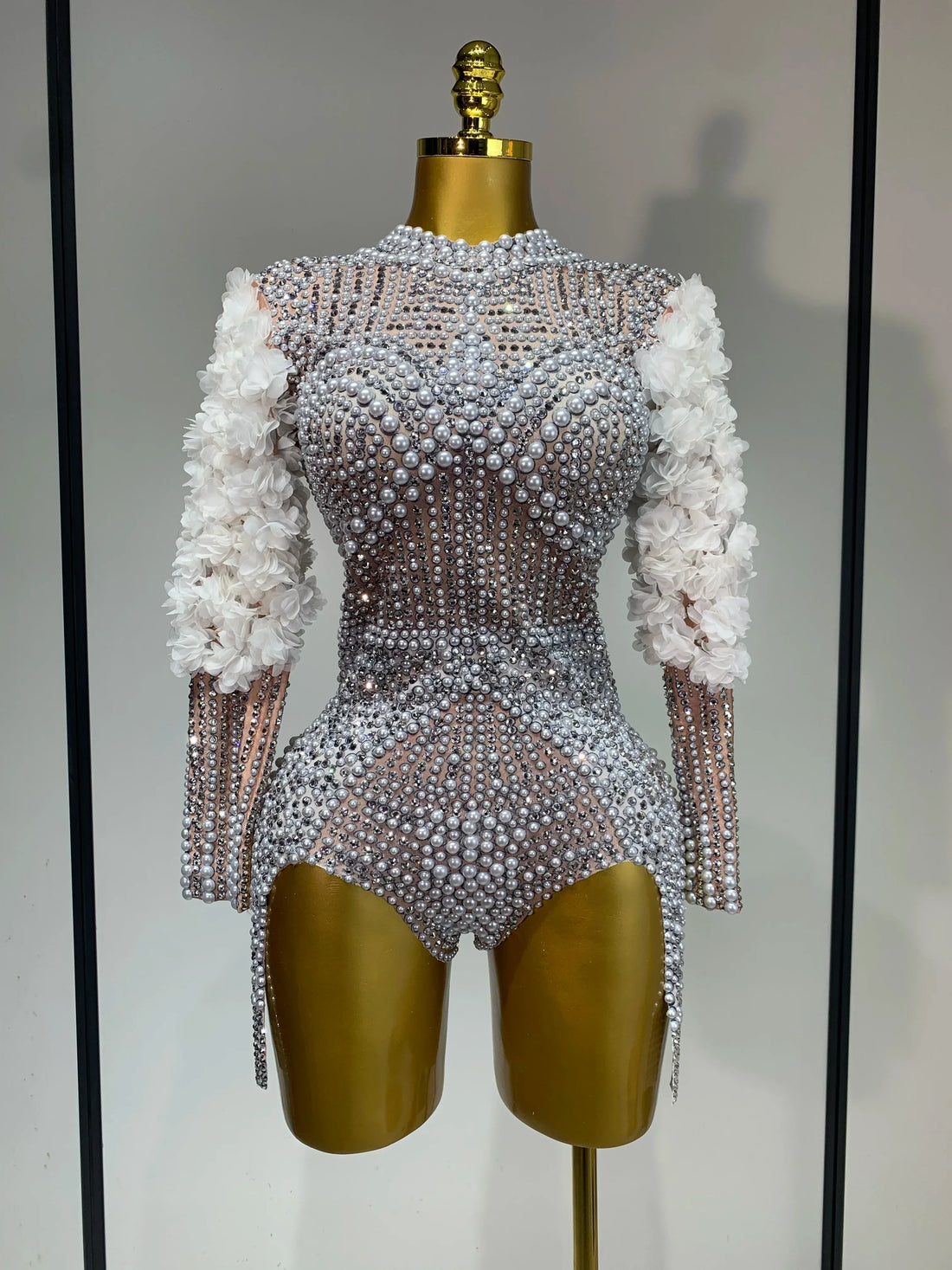 Sparkly Luxury Sheath Bodysuit Women Sexy Pearls Rhinestone Flowers Stage Singer Outfit Nightclub Performance Dance Costume