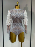 Sparkly Luxury Sheath Bodysuit Women Sexy Pearls Rhinestone Flowers Stage Singer Outfit Nightclub Performance Dance Costume