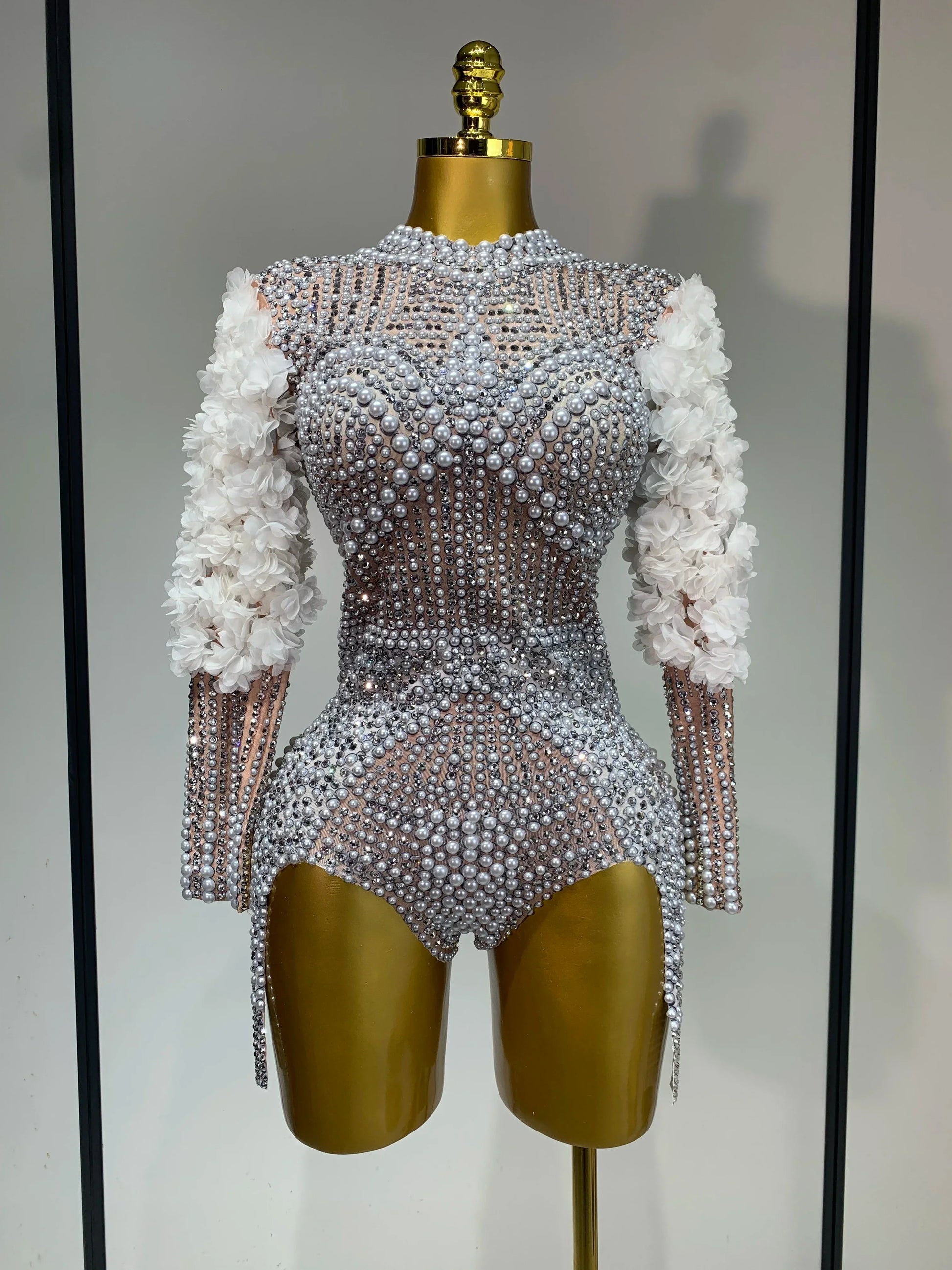 Sparkly Luxury Sheath Bodysuit Women Sexy Pearls Rhinestone Flowers Stage Singer Outfit Nightclub Performance Dance Costume