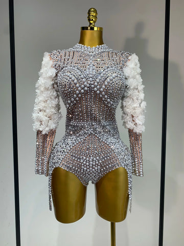 Sparkly Luxury Sheath Bodysuit Women Sexy Pearls Rhinestone Flowers Stage Singer Outfit Nightclub Performance Dance Costume
