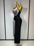 Women Sexy Slanted Collar Silver Tassel Bandage Dress Women Black Sleeveless Bodycon Dresses Evening Party Club Birthday Gowns