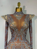 Women Shiny Rhinestones Mesh Transparent Mini Dress Luxury Birthday Celebrate Photoshoot Dress Singer Stage Drag Queen Costume