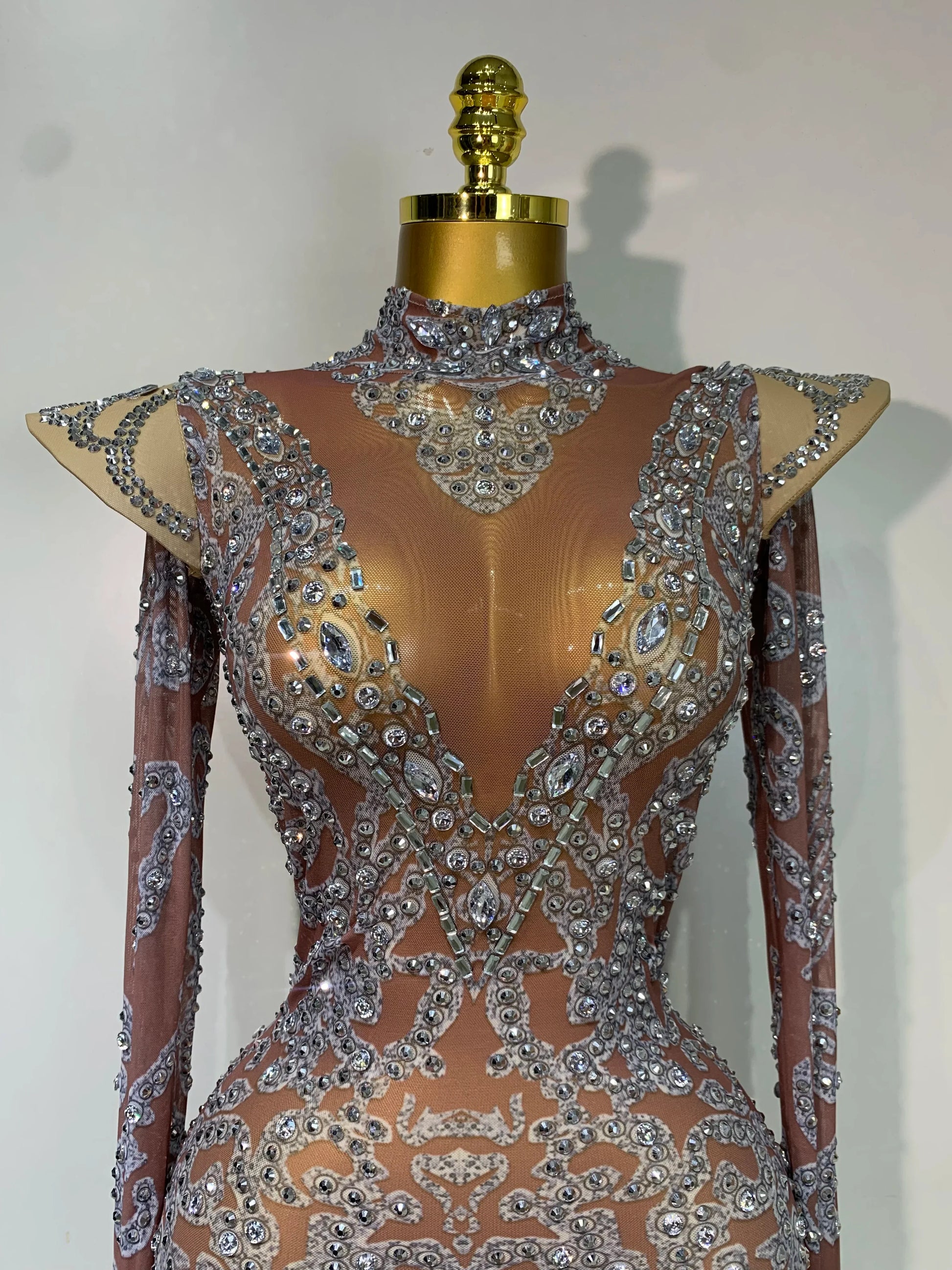 Women Shiny Rhinestones Mesh Transparent Mini Dress Luxury Birthday Celebrate Photoshoot Dress Singer Stage Drag Queen Costume