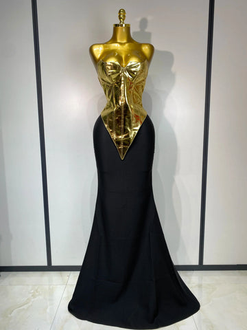 Women Sexy Strapless Gold Two Piece Set Celebrity Elegant Evening Party Maxi Skirt Suit Luxury Birthday Club Gown Gold