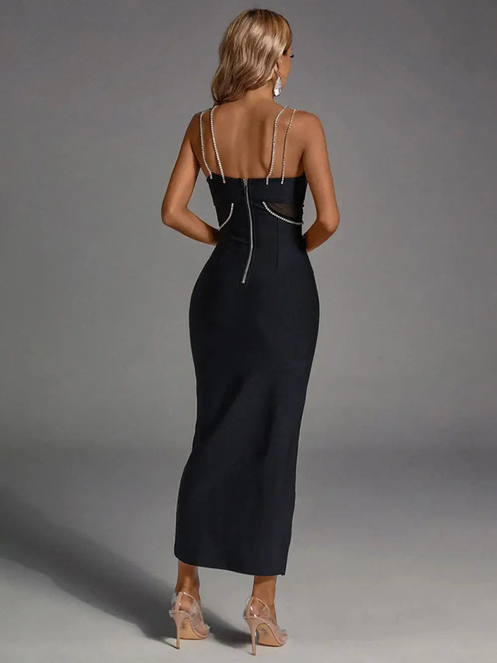 Spring Women's Water Diamond Chain Strap Sleeveless Bandage Dress Patchwork Bodycon Long Dress Evening Club Party Vestidos
