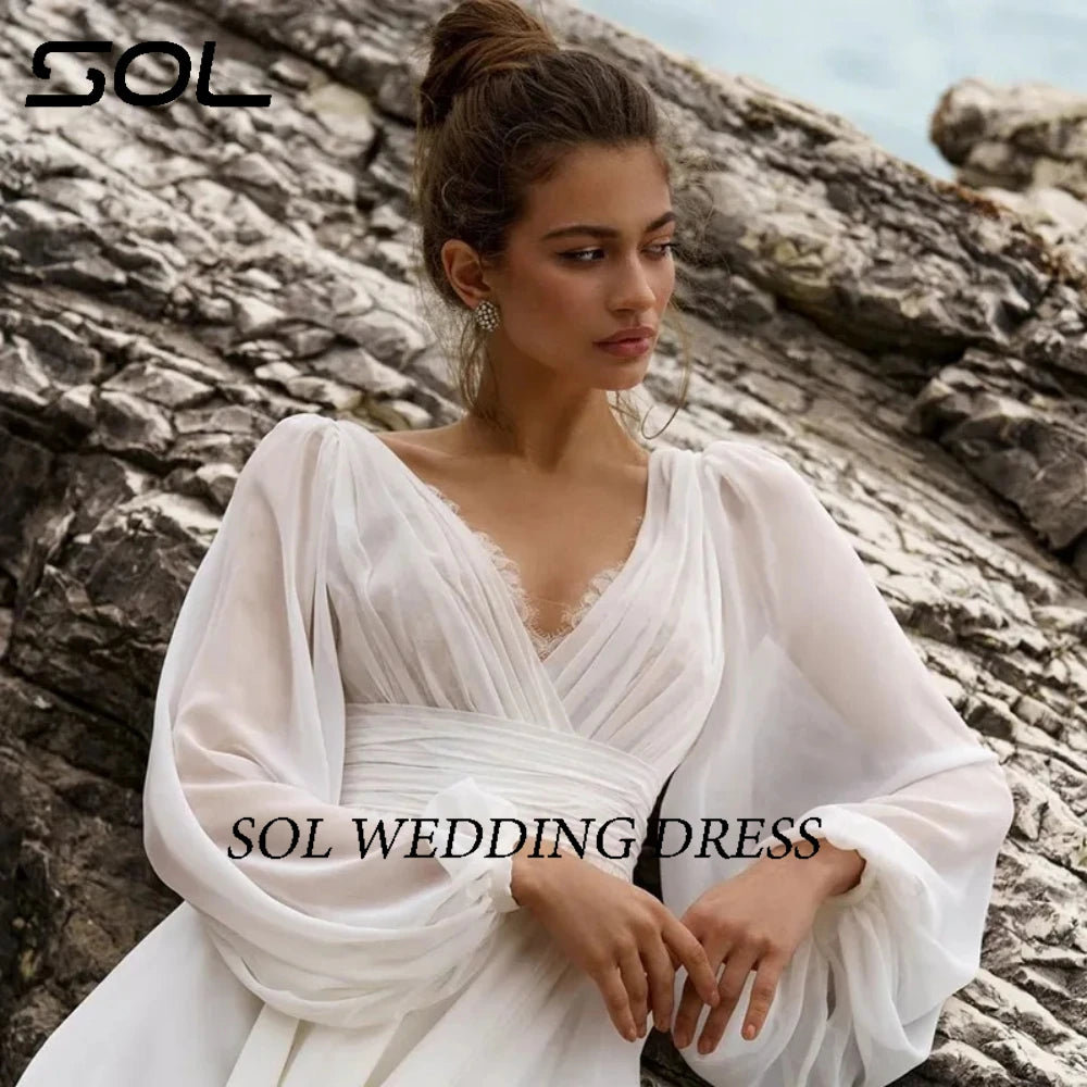 שמלות כלה של סול בוהו שרוול נפיחות שמלת כלה צווארון v-קו-קו פיצול חתונה גבוהה שמלות נשף גודל בהתאמה אישית