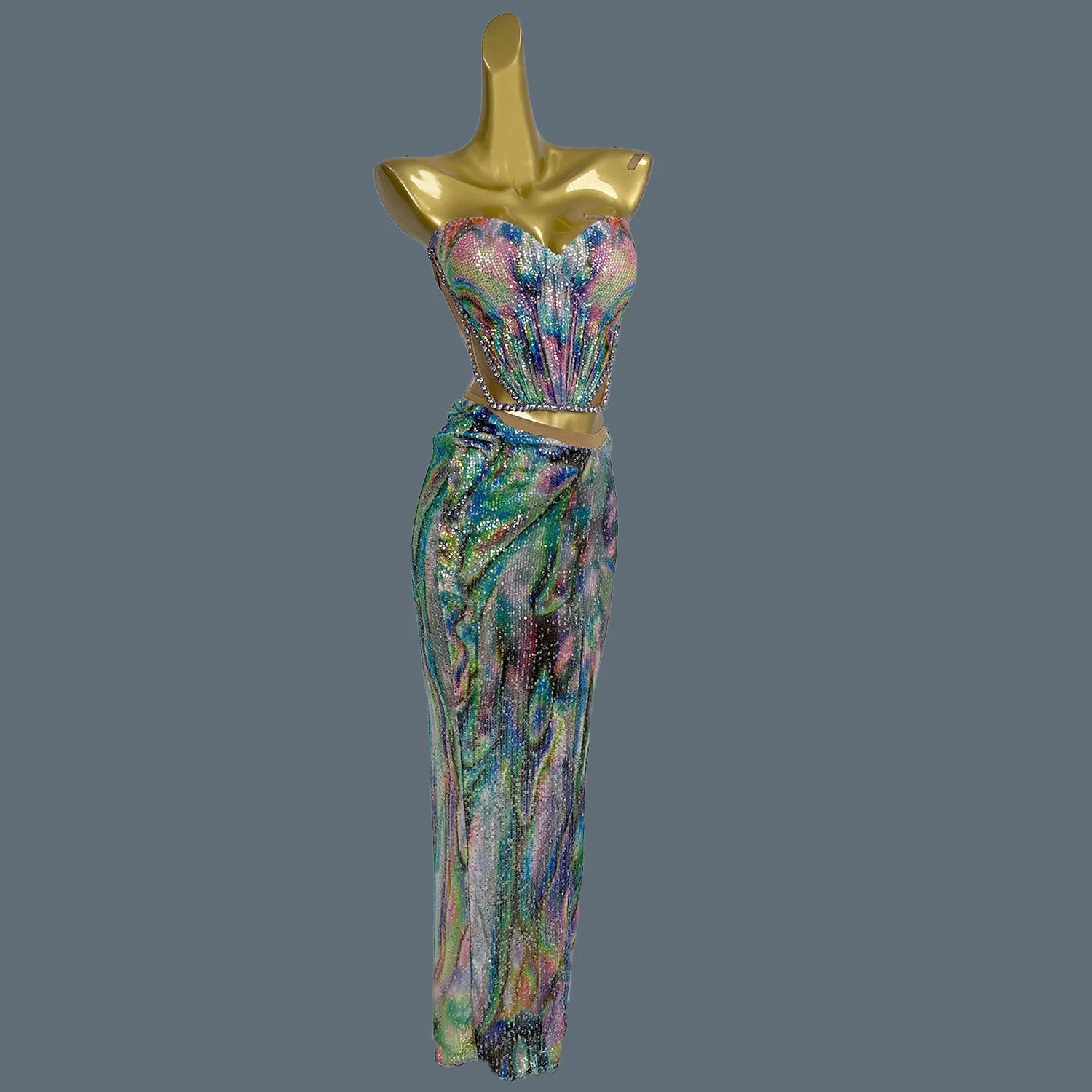 Colorful Tight Fitting Long Dress Suit Streamer Bar Theme Party Outfit Hot Women Rhinestone Sequins Spandex Event Dress Huancai