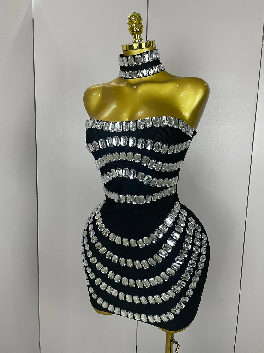 Women Sparkly Rhinestones Bodycon Strapless Mini Bandage Dress Backless Fashion Evening Party Club Luxury Birthday Dresses black