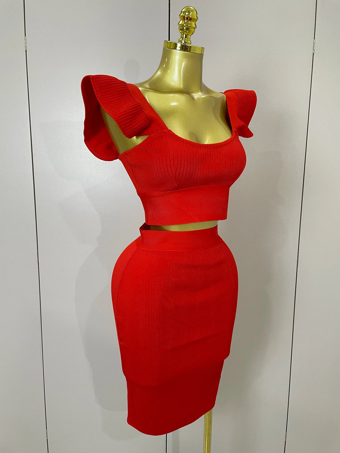 Women Sexy Backless Ruffles Red Bandage Two Pices Set Celebrity Evening Elegance Birthday Party Dress Red