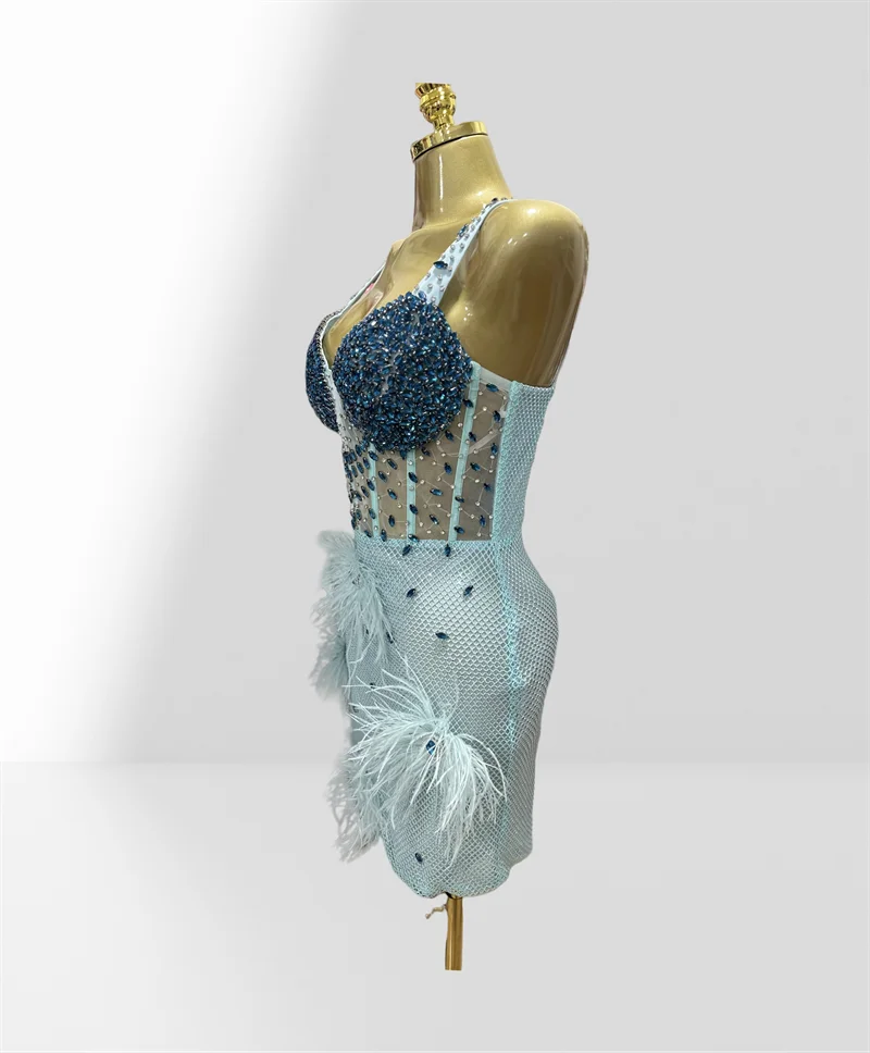 Luxury Feathers Blue Diamonds Sexy See Through Spaghetti Mini Dress Woman Birthday Party Vestido Club Party Outfit