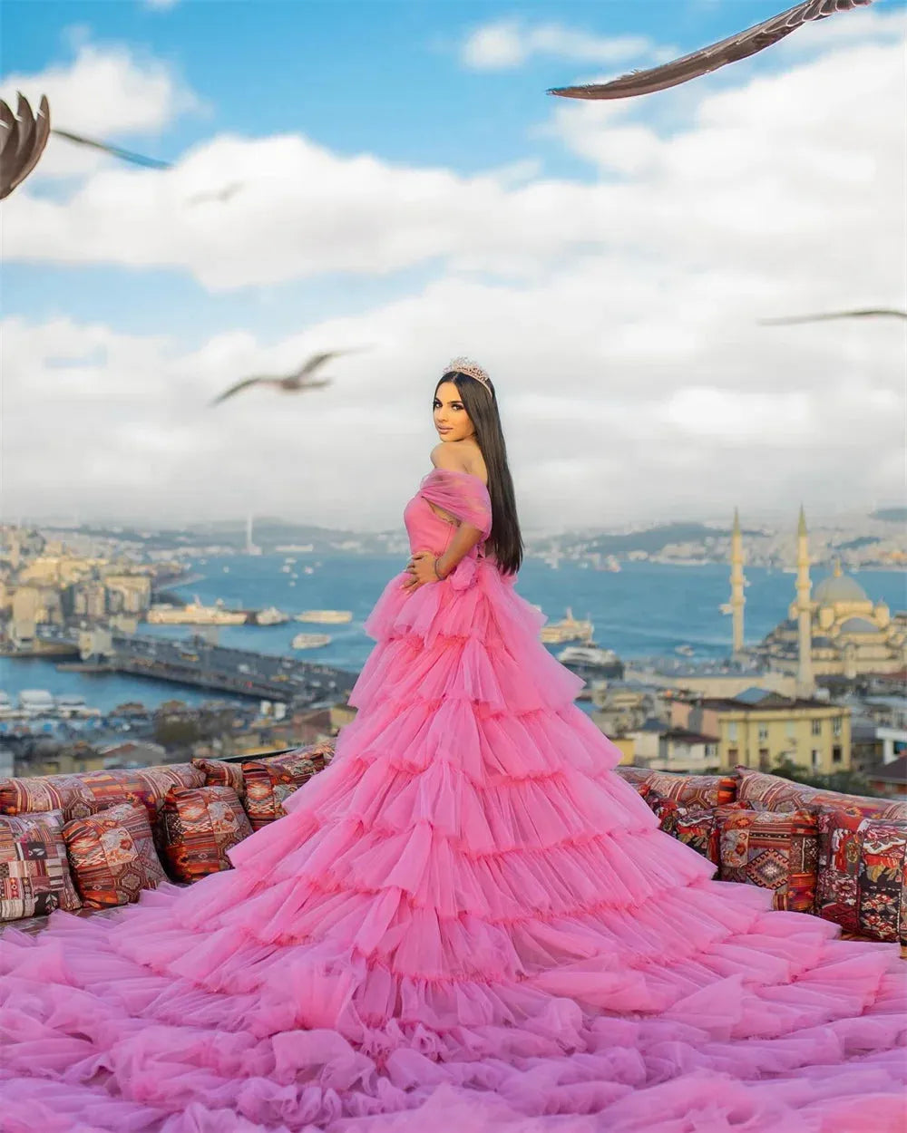 Rose Pink Off Shoulder Long Train Prom Dress High-low Ball Gown Vestidos De Fiesta Elegant Multilayer Party Dress as pic