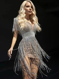 Super Shining Diamond Tassel Sexy V-Neck Mini Dress Fashion Woman Birthday Party Outfit Performance Costume