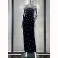 Sparkling Diamonds Fashion Woman Party Dress Strapless Black Bandage Ankle Length Dress Celebrity Birthday Party Outfit