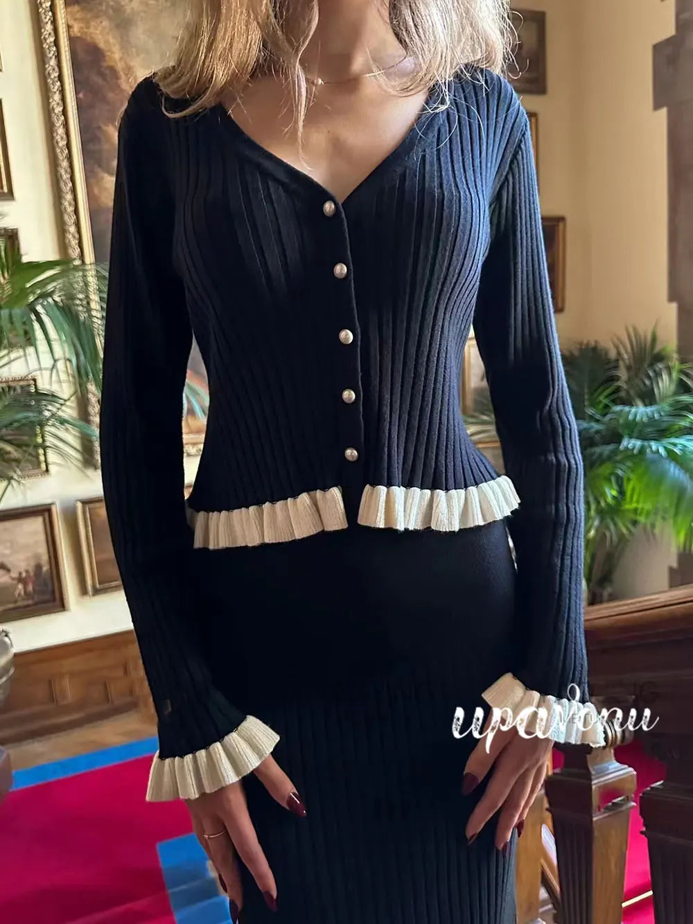 Knitted Long Skirt Set Long sleeved Wooden Ear Edge Single breasted Cardigan Knitted Coat+High Waist Skirt Two piece Set
