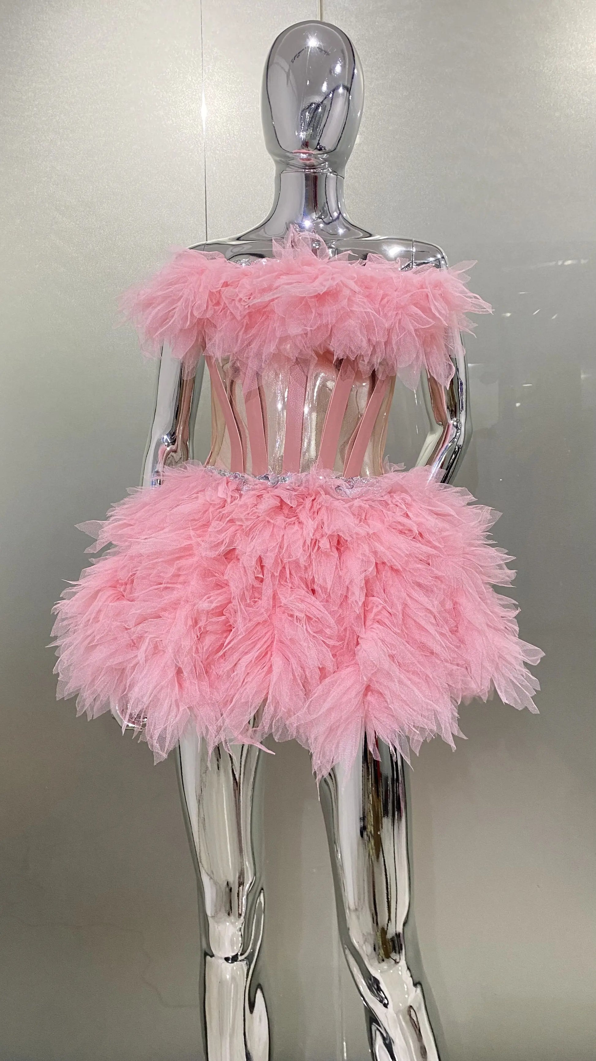 Pink Sweet Woman Set Sparkling Crystal Strapless Top And Mini Puffy Skirt 2 Pieces Birthday Party Vestido Performance Costume Pink