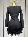 Women Fashion Sexy V Neck Long Sleeve Black Feather Mini Bodycon Bandage Dress Elegant Evening Club Birthday Party Dress