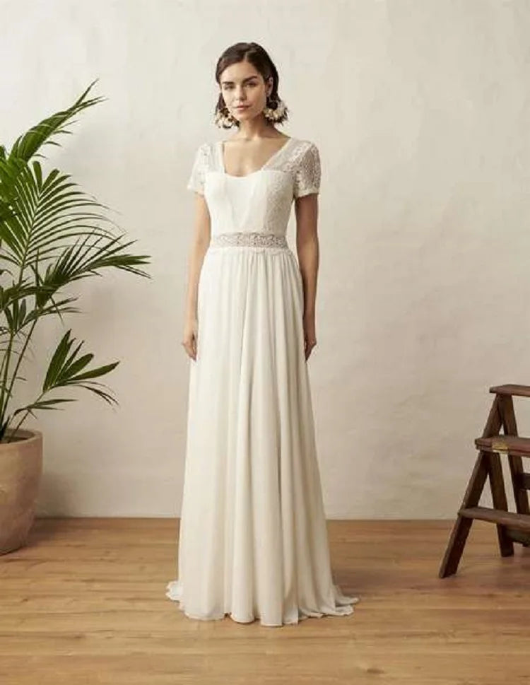 Gaun pengantin boho sifon v-neck untuk wanita lengan pendek lantai panjang gaun pengantin jubah de marie custom dibuat
