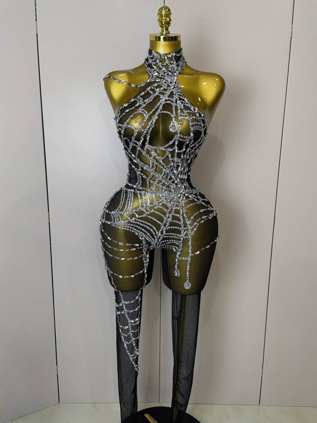 Women Sparkly Diamond Sexy Mesh Jumpsuit Nightclub Bar Party Show Gogo Dancer Clothing Drag Queen Outfit Stage Costume black