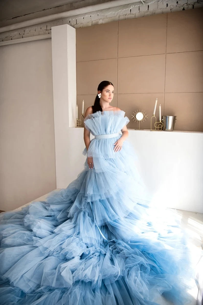 Dream Blue Layered Tulle Prom Dresses Extra Long Train Ball Gown Bridal Shower Dress Wedding Photoshoot Gown فساتين مناسبة رسمية