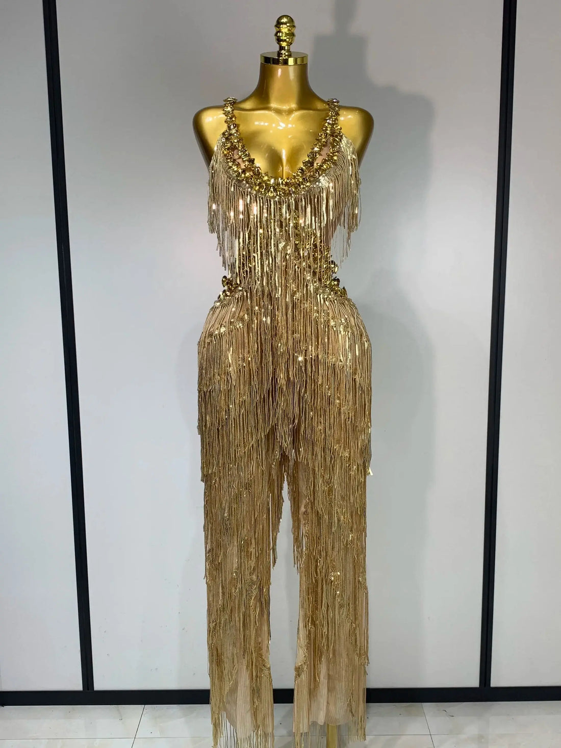 Women Sparkly Glod Rhinestones Sequined Fringe jumpsuit Sexy Nightclub Party Birthday Outfit Show Singer Stage Perform Costume Gold