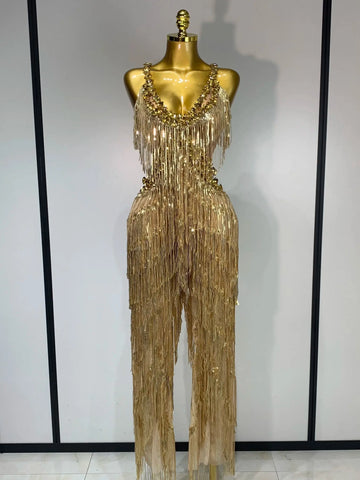 Women Sparkly Glod Rhinestones Sequined Fringe jumpsuit Sexy Nightclub Party Birthday Outfit Show Singer Stage Perform Costume Gold