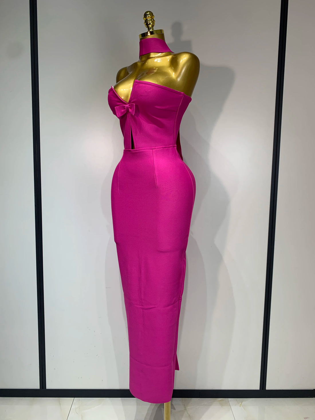 Women Sexy Bodycon Dress Fashion Elegant Strapless Sleeveless Bow Slim Dress Casual Streetwear Club Birthday Party Dresses Fuchsia