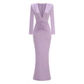 Deep V Plunge Long Dress For Women Folded Long Sleeves Pleated Bodycon Elegant Celebrity Evening Party Cocktail Gowns Vestido Lavender