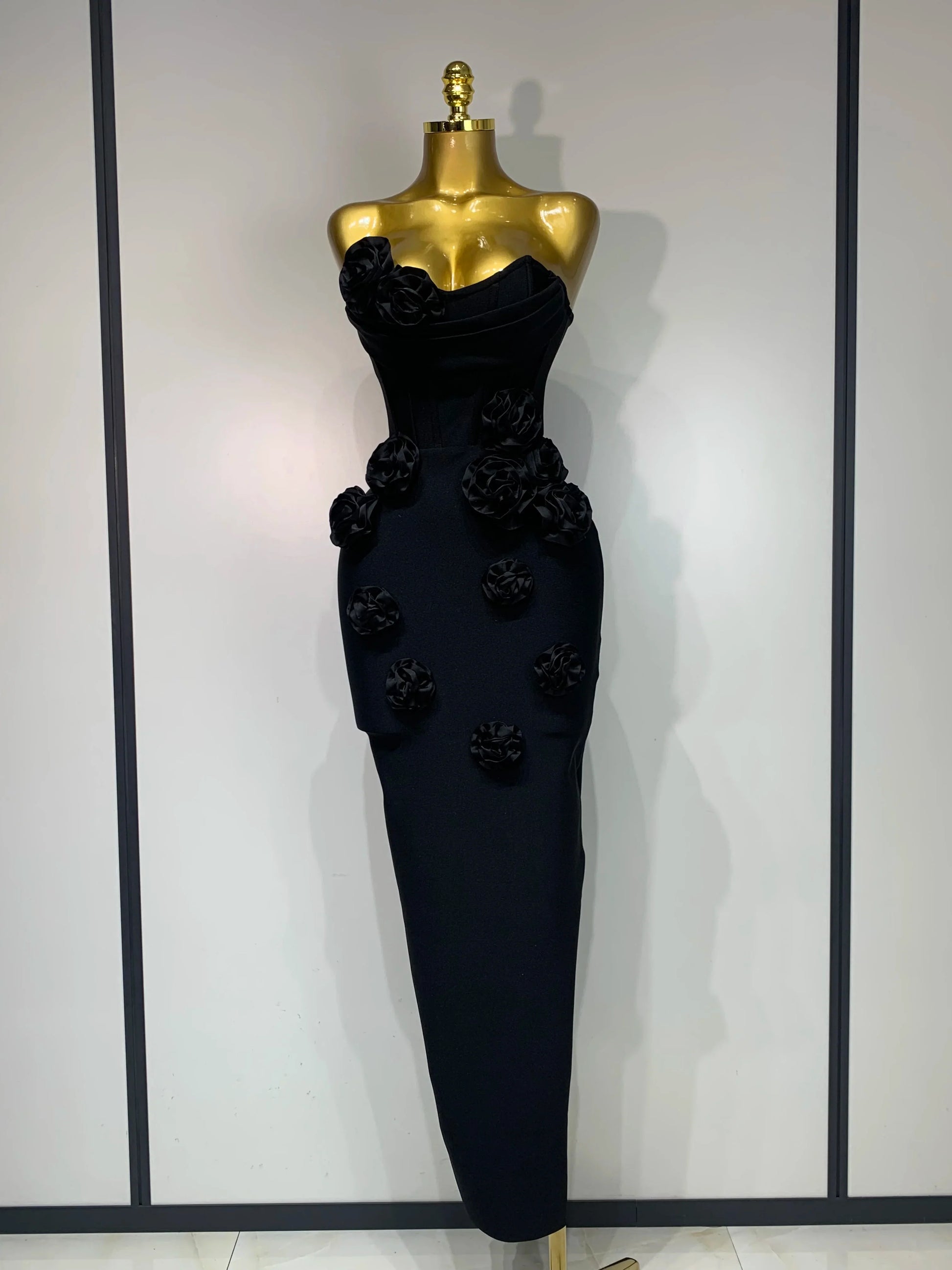 Newest Women Sexy Strapless Backless Red Flower Midi Bandage Dress Celebirty Elegant Evening Club Party Birthday Dresses black