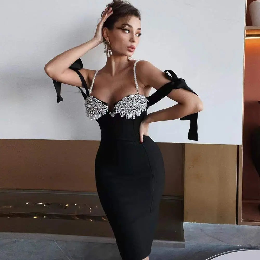 EXquisite Beading Shining Diamonds Lace Up Spaghetti Strap Knee Length Dress Hotsweet Woman Bandage Dress Evening Party Outfit