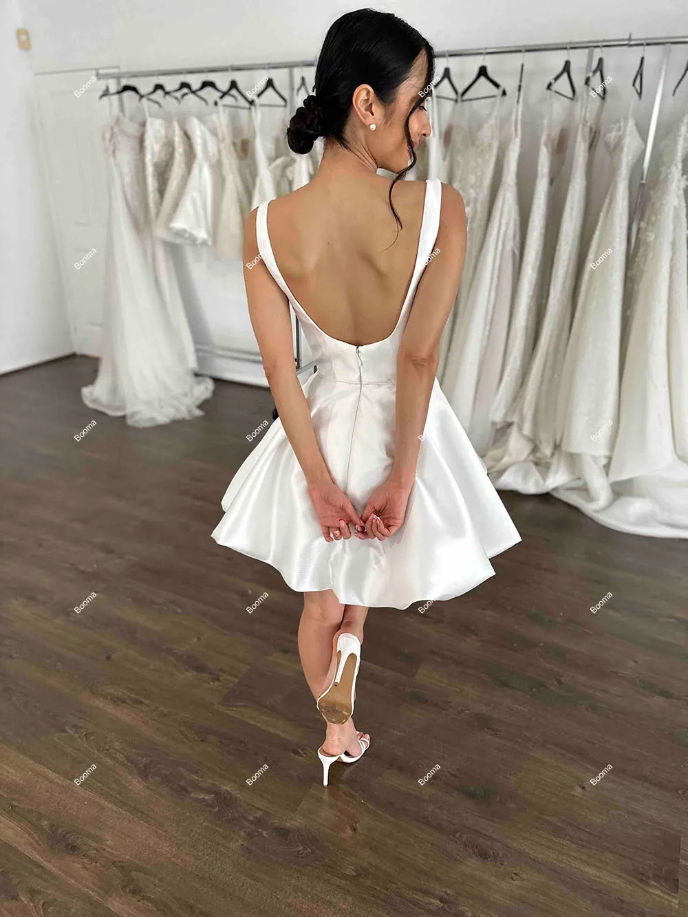 Pakaian Pesta Perkahwinan A-Line Pendek Square Collar Lengan Tanpa Puff Slirt Bridals Gaun untuk Wanita Di Atas Lutut Pakaian