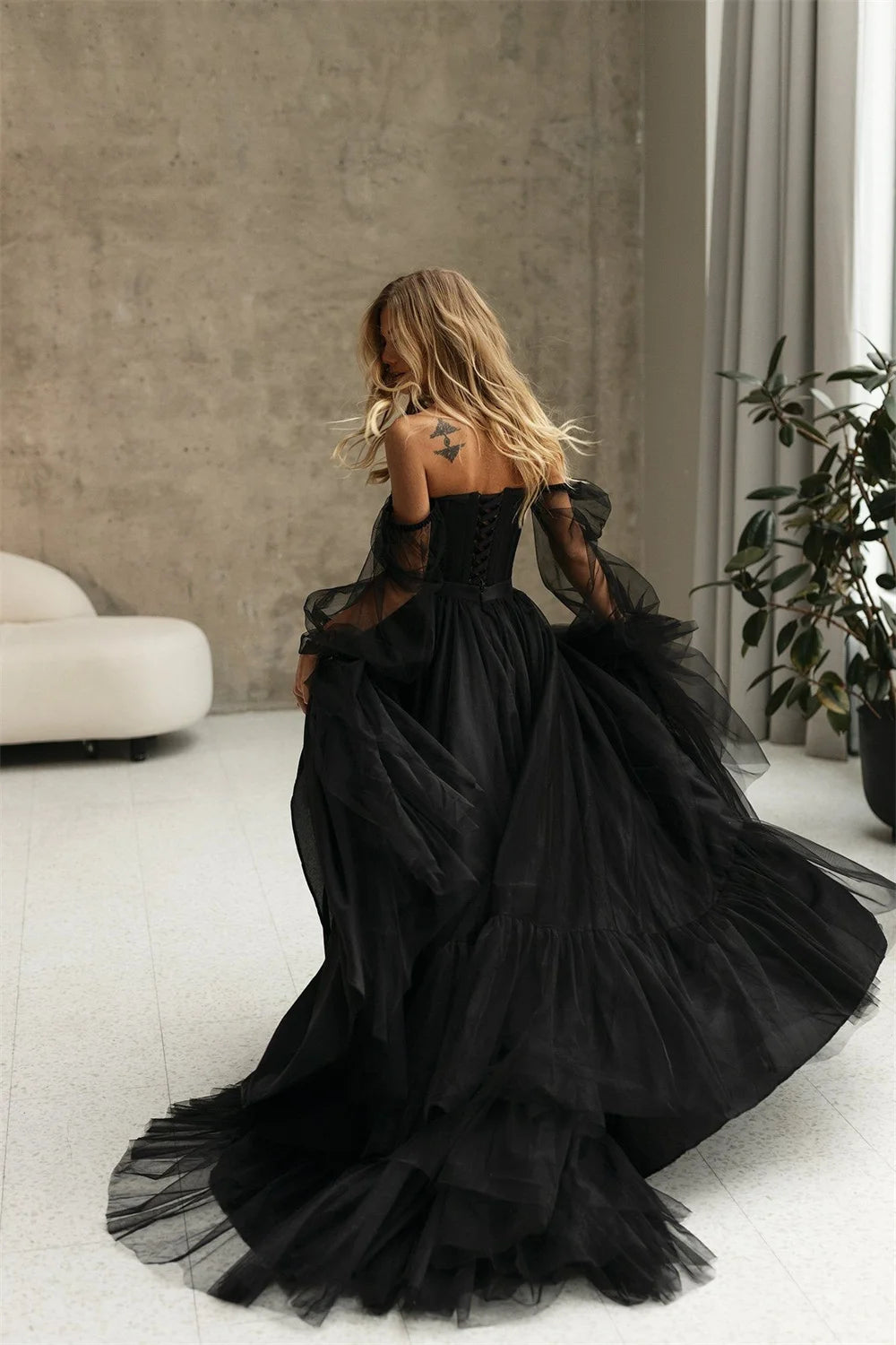 Cathy Black Off Shoulder Prom Dress 2023 Gothic Puffy Sleeve Party Dresses Tulle Sweep Train Evening Dress Sexy فستان سهرة