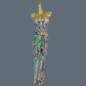 Colorful Tight Fitting Long Dress Suit Streamer Bar Theme Party Outfit Hot Women Rhinestone Sequins Spandex Event Dress Huancai MULTI One Size