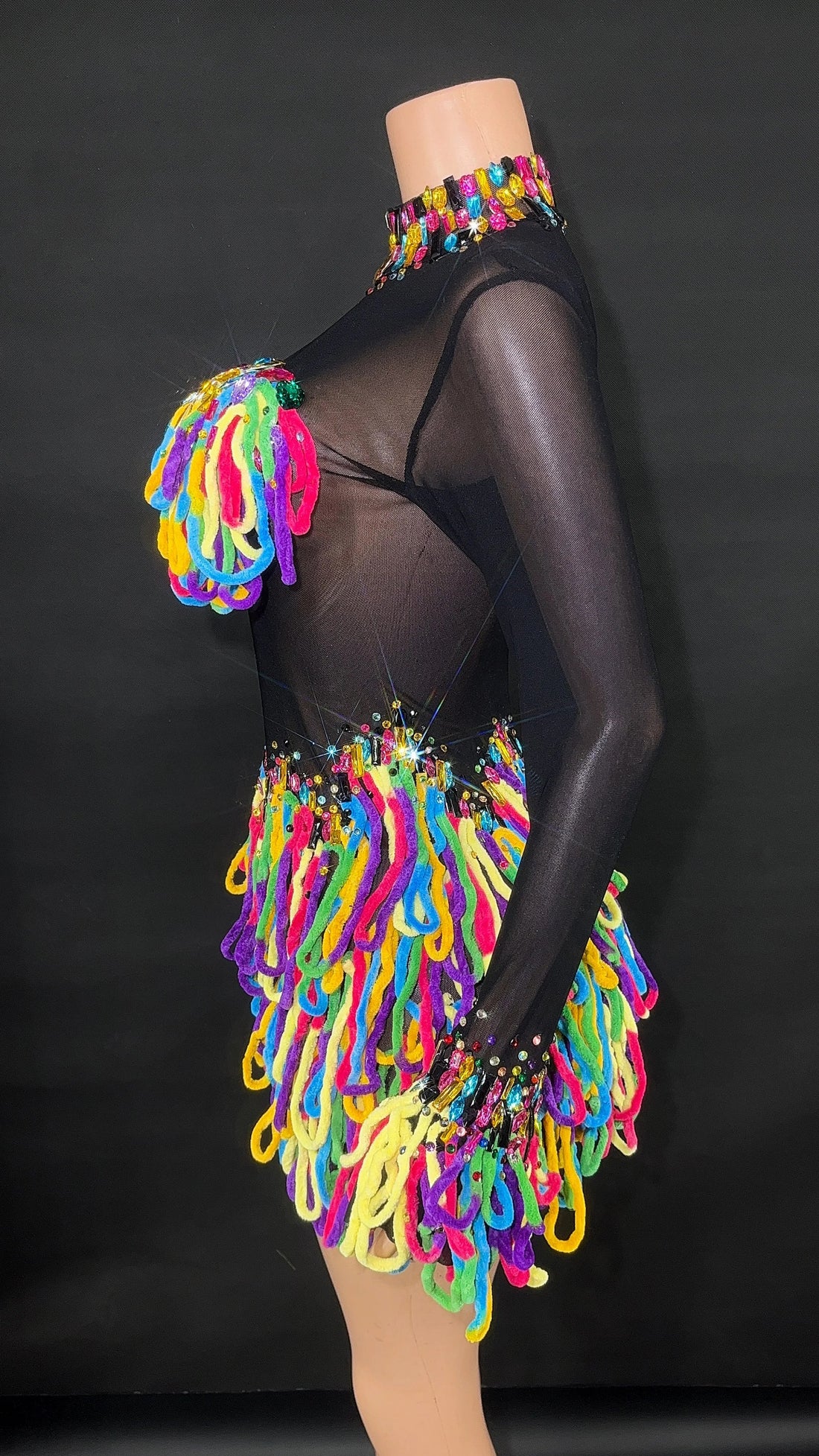 Women Shiny Colorful Diamonds Sexy Stretch Transparent Mesh Short Dress Nightclub Party Singer Stage Performance Costume black