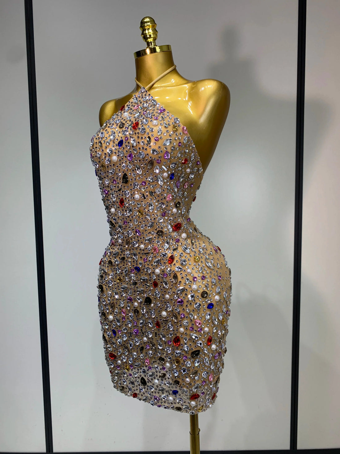 Colorful Crystals Diamond Women Sexy Halter Mesh See Through Bodycon Dress Nightclub Evening Party Celebrate Birthday Costume MULTI