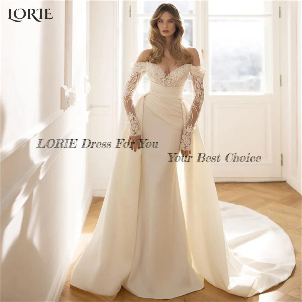 Luxury Mermaid Lace Wedding Dresses Off Shoulder V-Neck Pleated Long Sleeves Bridal Gowns Elastic Satin Bride Dress