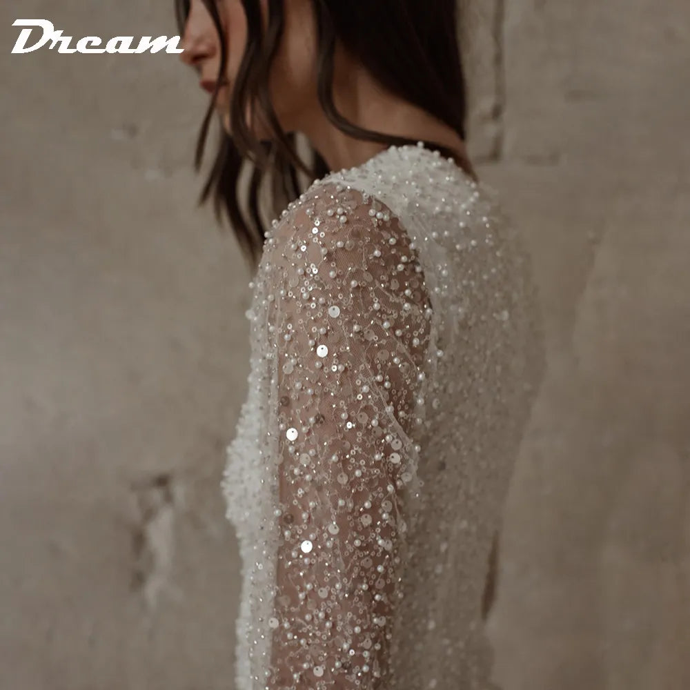 Long Sleeves Sequin Short Wedding Dress For Women Above Knee Beaded Feather Mini Sheath Modern Bridal Gown
