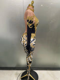 Sparkly Gold Rhinestones Jumpsuit With Gloves Women Sexy Printed Party Nightclub Bar Singer Stage Performance Costume
