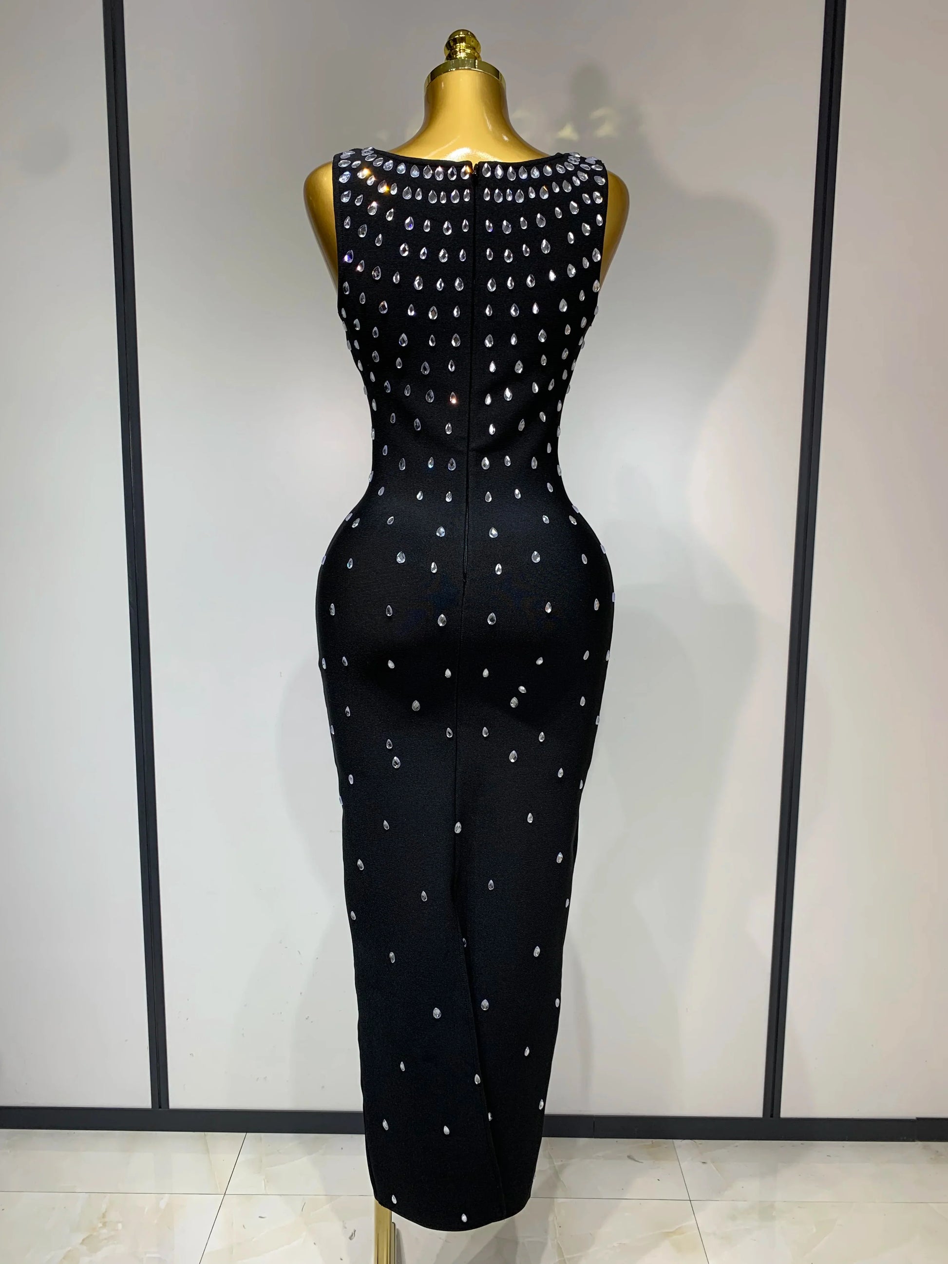 Luxury Rhinestone Bandage Long Dress Elastic Sleeveless Bodycon High Street Evening Club Party Elegant Birthday Prom Gowns