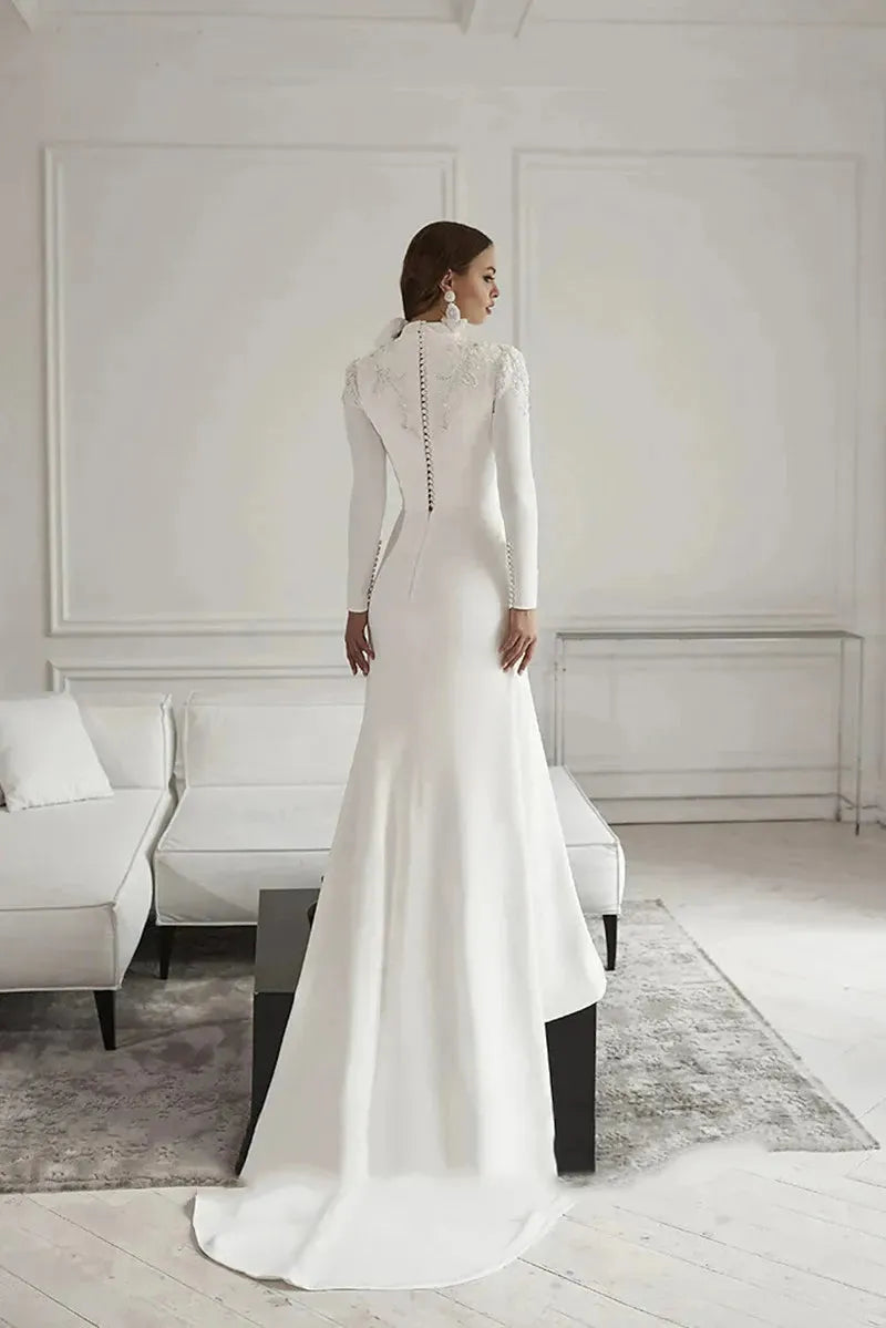 Simple Fashion Bridal Dresses Long Sleeve Muslim Princess Wedding Gowns Mermaid Formal Beach Party Vestidos De Novia Robe فستان 14w