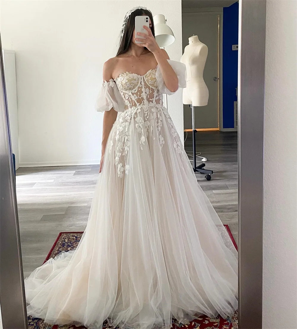 Vestido de fiesta de tul bordado de encaje blanco, vestido de lujo con hombros descubiertos, corte en A, elegante vestido de novia sin mangas