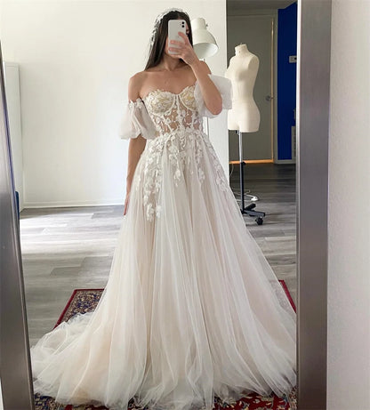 White Lace Embroidery Tulle Prom Dress Luxury Off Shoulder A-line vestidos par boda Elegant Sleeveless Wedding Dress