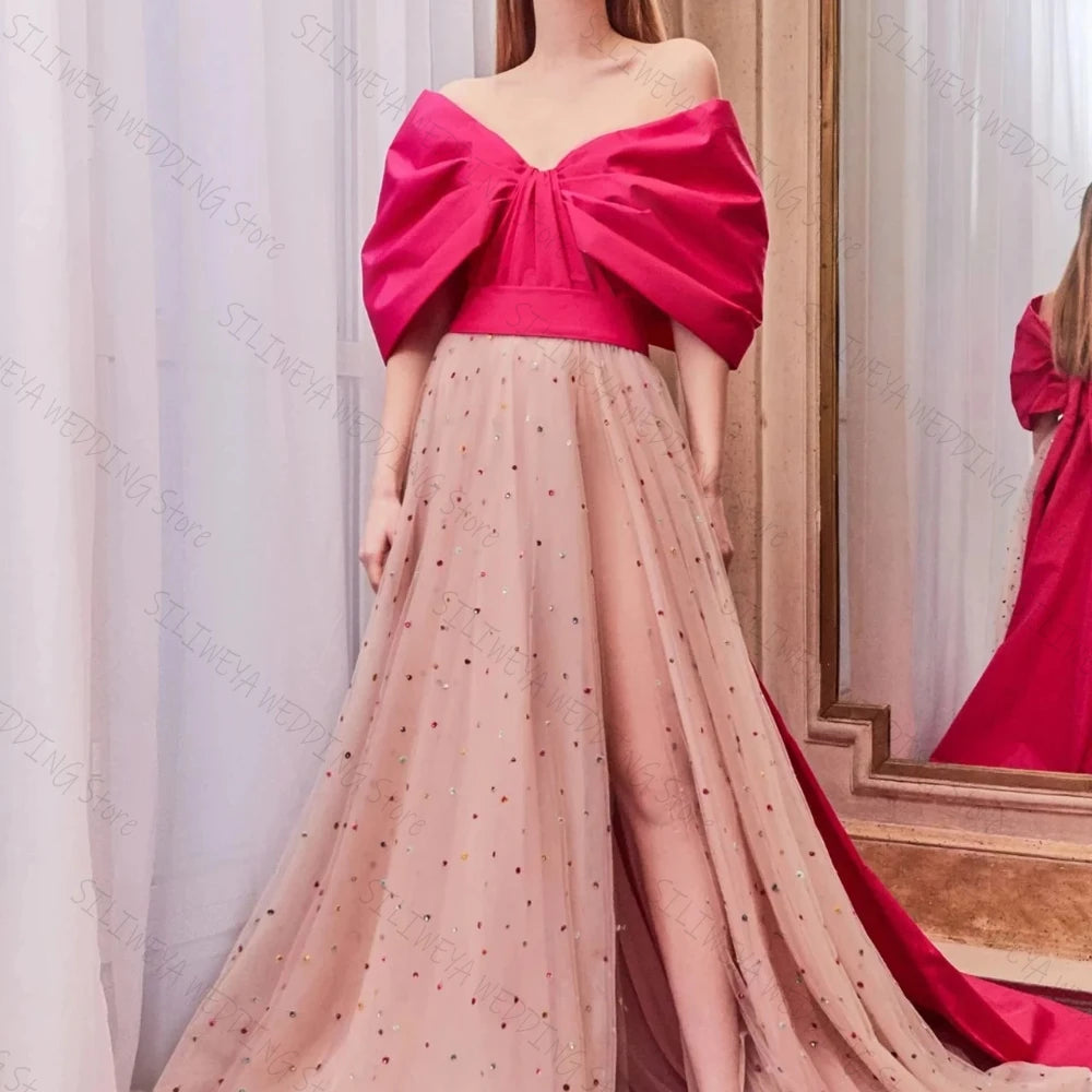 Fuchsia and Pink Off the Shoulder Evening Dress Formal Party Dresses with Cape Train فساتين للحفلات الراقصة Custom Gown
