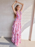 Elegant Pink Floral Halter-Style Ruffled Dress with Side Slit for High-Profile Outdoor Occasions Evening Gown