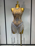 Women Sexy Mesh See Through Diamonds Long Tassels Bodysuit Luxury Evening Party Bar Nightclub Stage Performance Singer Outfit Silver