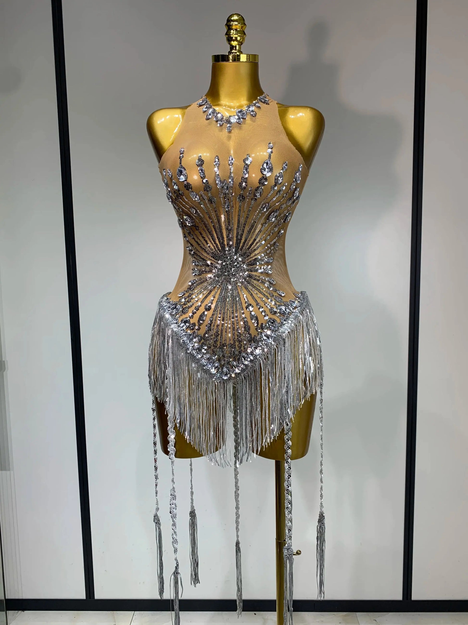Women Sexy Mesh See Through Diamonds Long Tassels Bodysuit Luxury Evening Party Bar Nightclub Stage Performance Singer Outfit Silver